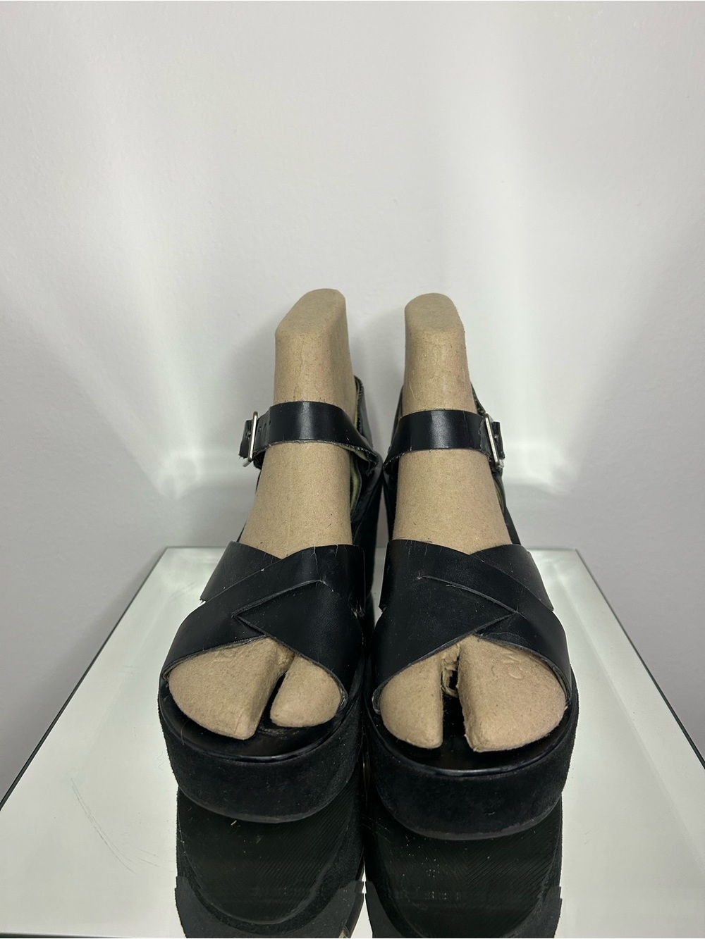 NO BOUNDARIES Black Leather with Suede Wedge Heel Sandals